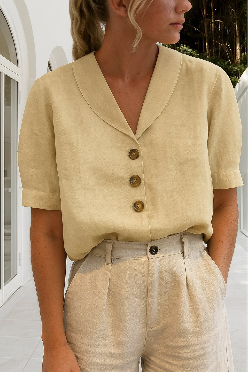 Isla | Women's Button Front Blouse Short Sleeve V-Neck