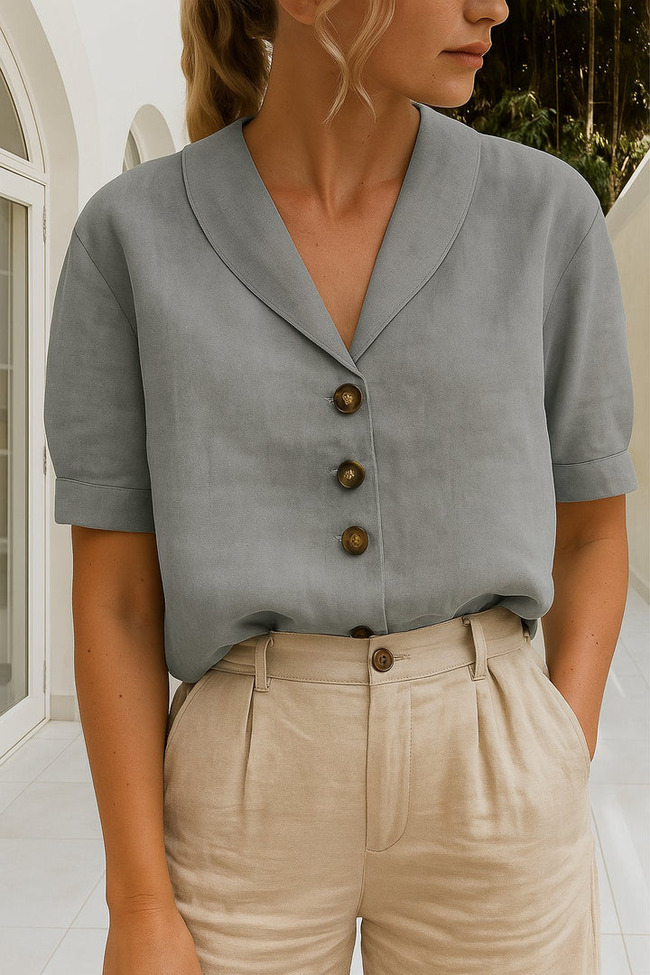 Eileen | Casual V-Neck Button-Up Short Sleeve Blouse
