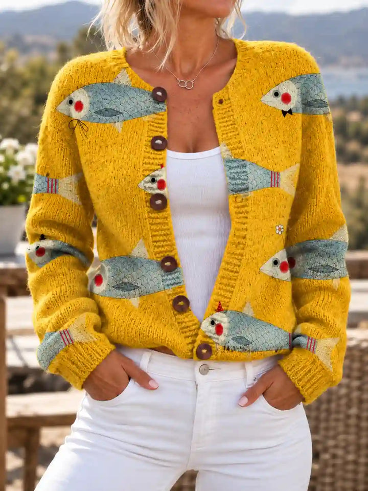 Ladies' Fish Print Cardigan with Buttons and Ribbed Edges