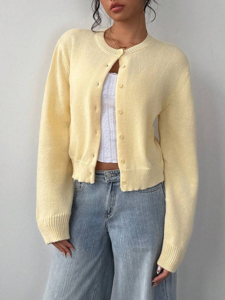 Ladies' Cardigan with Round Neck and Ribbed Trim