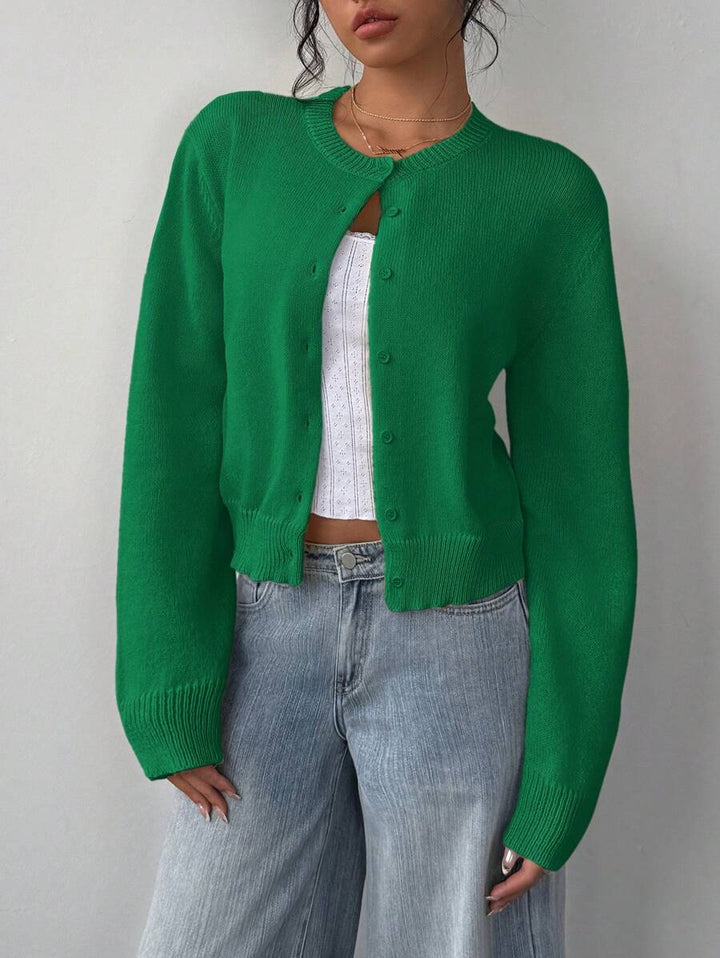 Ladies' Cardigan with Round Neck and Ribbed Trim