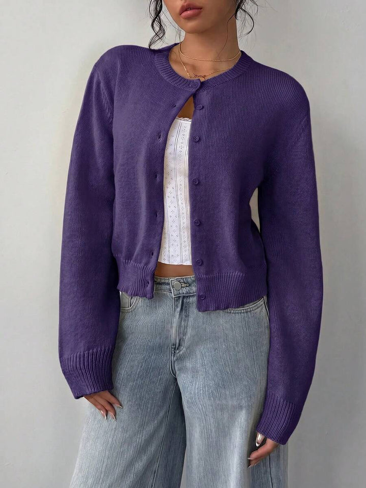 Ladies' Cardigan with Round Neck and Ribbed Trim
