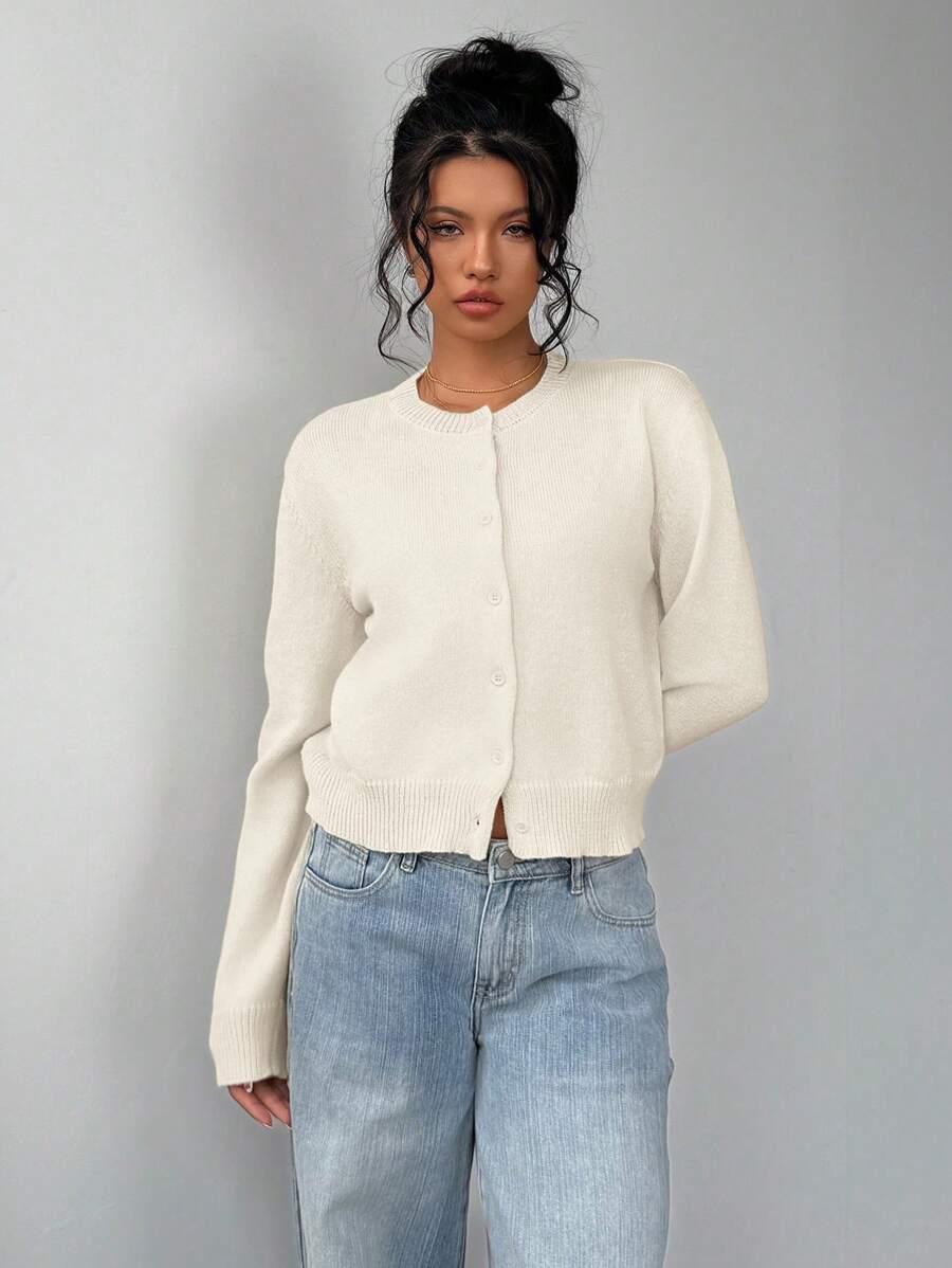 Ladies' Cardigan with Round Neck and Ribbed Trim
