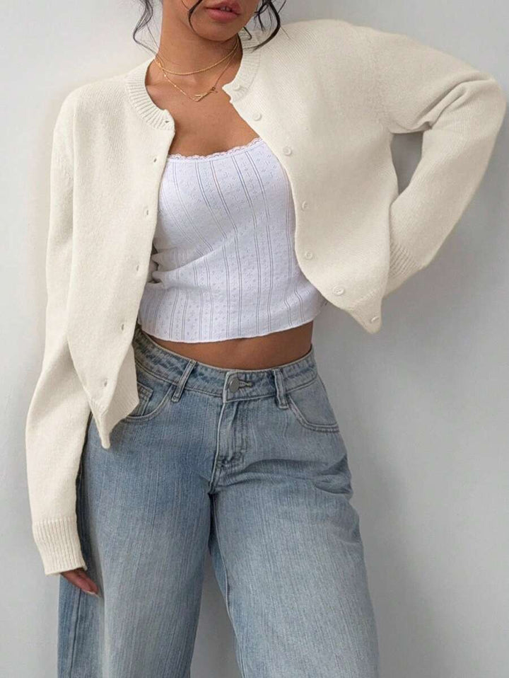 Ladies' Cardigan with Round Neck and Ribbed Trim