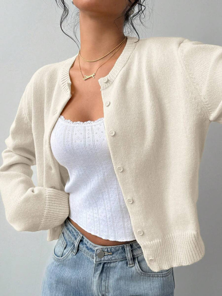 Ladies' Cardigan with Round Neck and Ribbed Trim