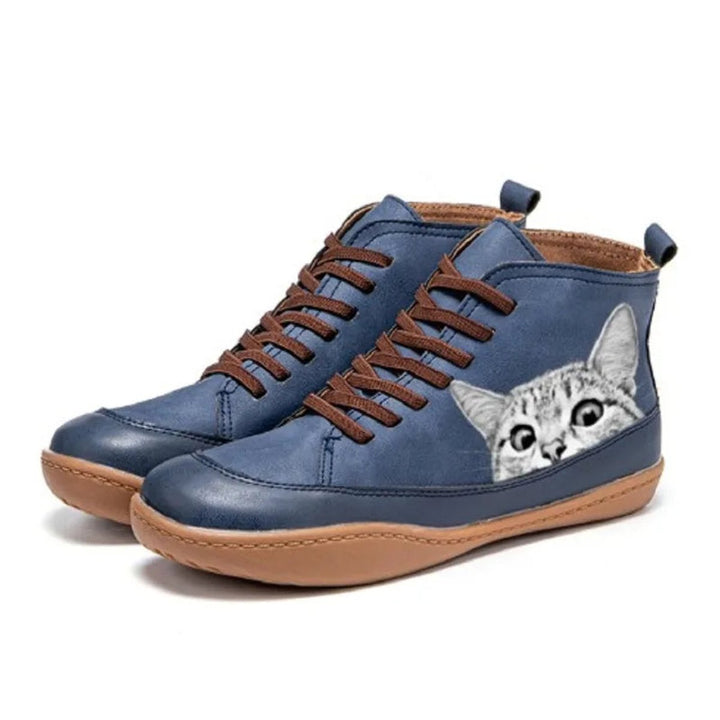 Ladies' Lace-Up Ankle Boots with Cat Pattern - Lined Ankle Boots