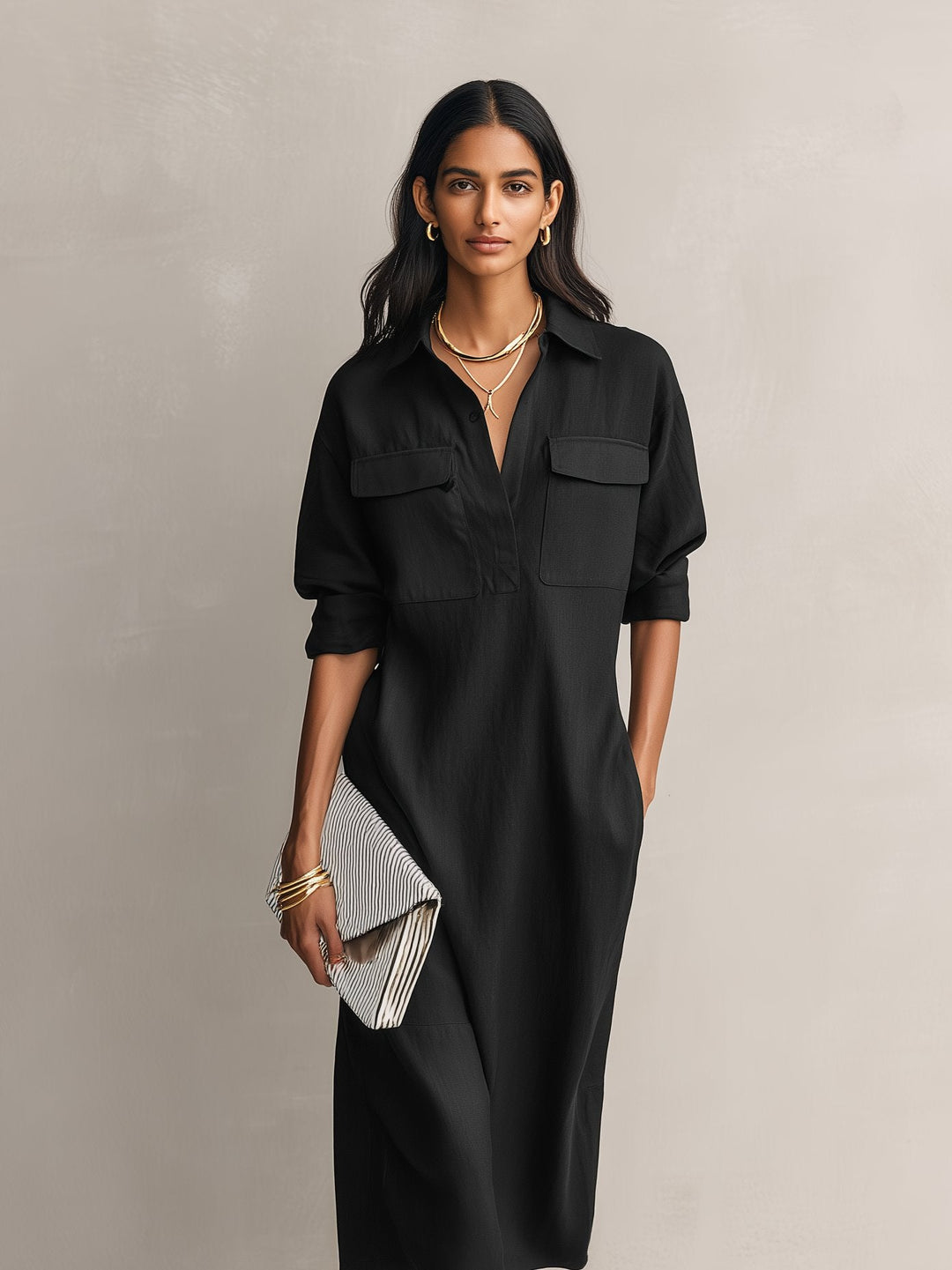 Freya | Women's Collared V-Neck Linen Shirt Dress