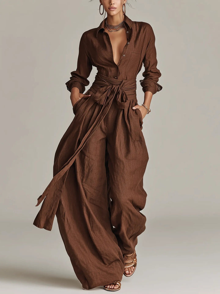 Florence | Women's Cotton-Linen Belted Long-Sleeve Jumpsuit
