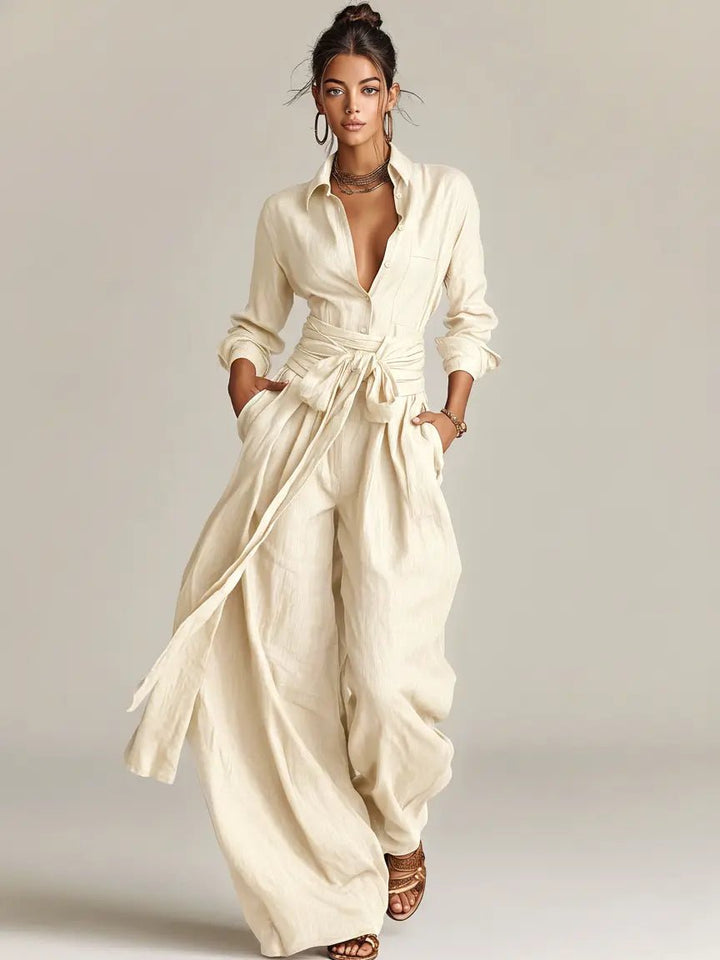 Florence | Women's Cotton-Linen Belted Long-Sleeve Jumpsuit
