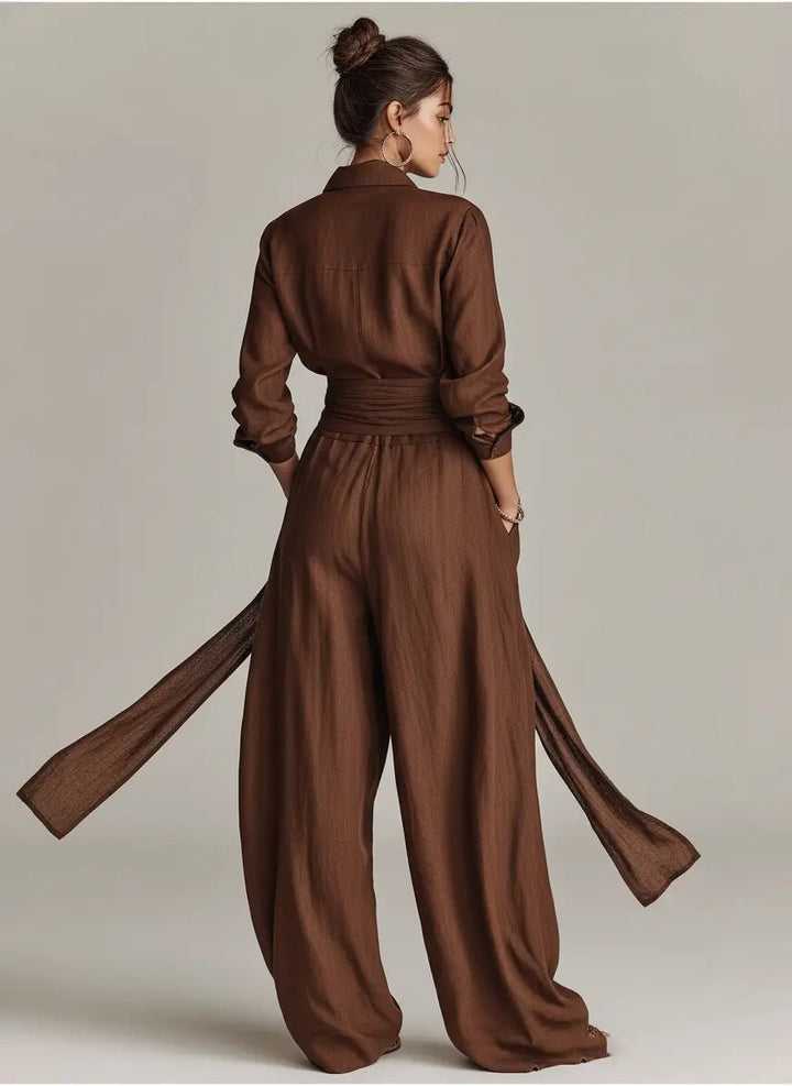 Florence | Women's Cotton-Linen Belted Long-Sleeve Jumpsuit