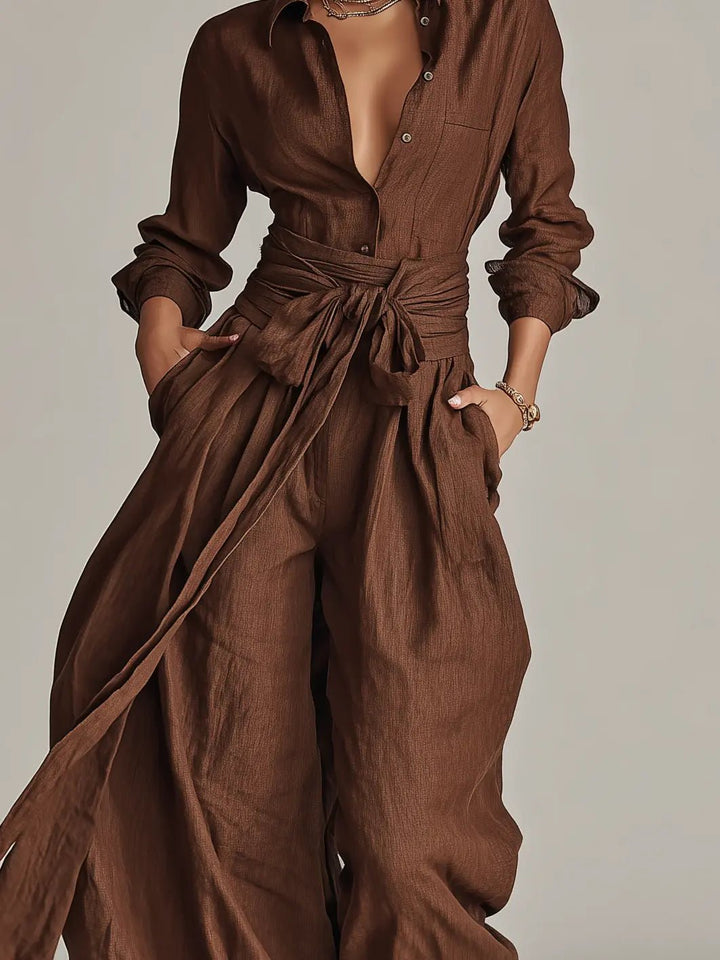 Florence | Women's Cotton-Linen Belted Long-Sleeve Jumpsuit