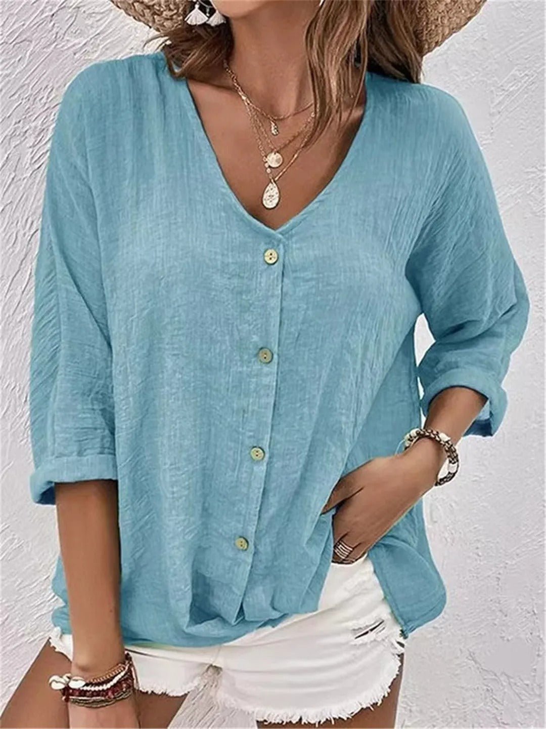 Rosie | Women's Cotton V-Neck Button-Front Top Three-Quarter Sleeve