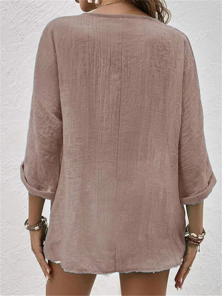 Rosie | Women's Cotton V-Neck Button-Front Top Three-Quarter Sleeve