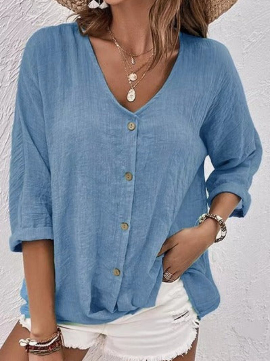 Rosie | Women's Cotton V-Neck Button-Front Top Three-Quarter Sleeve
