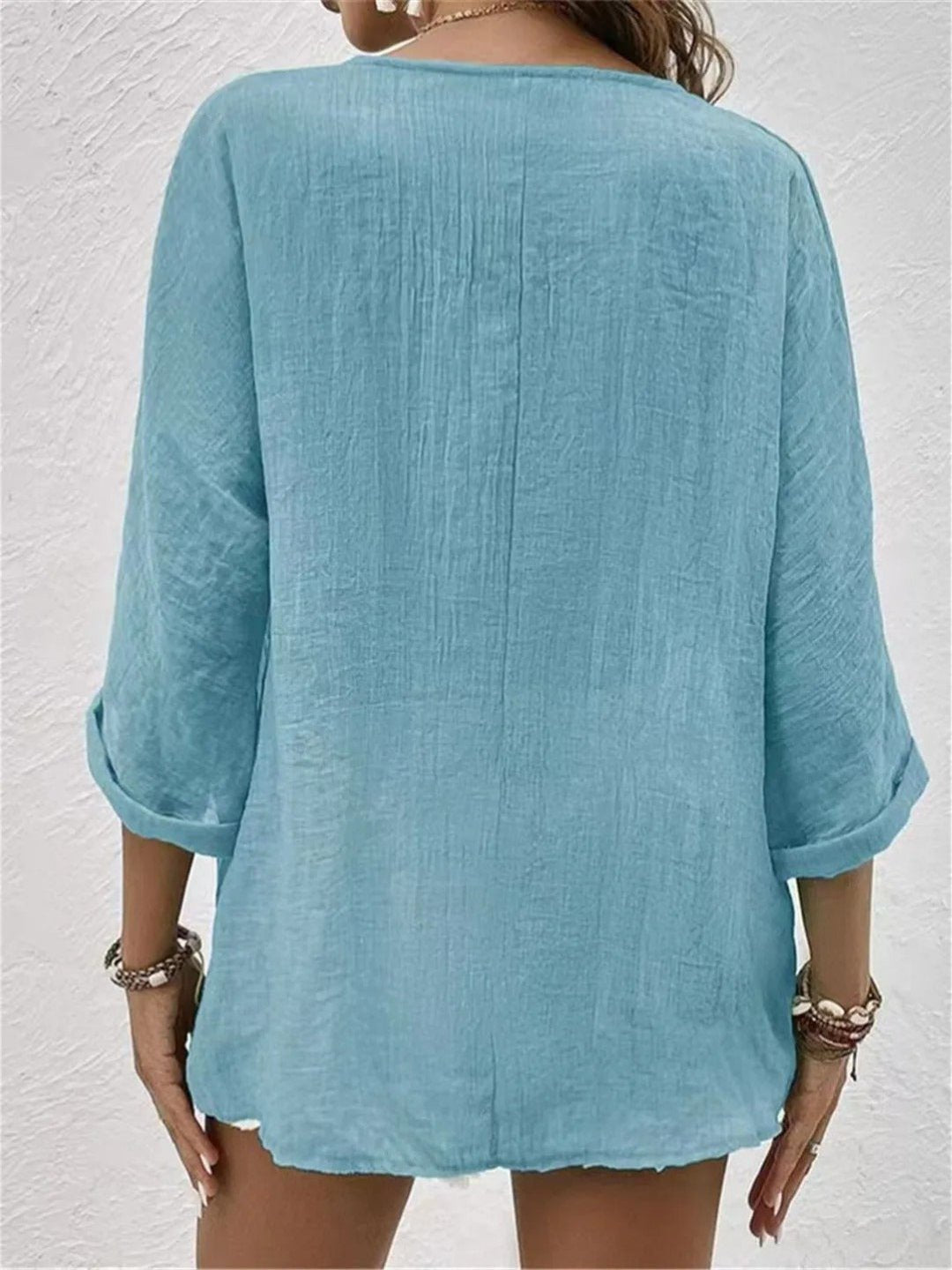 Rosie | Women's Cotton V-Neck Button-Front Top Three-Quarter Sleeve
