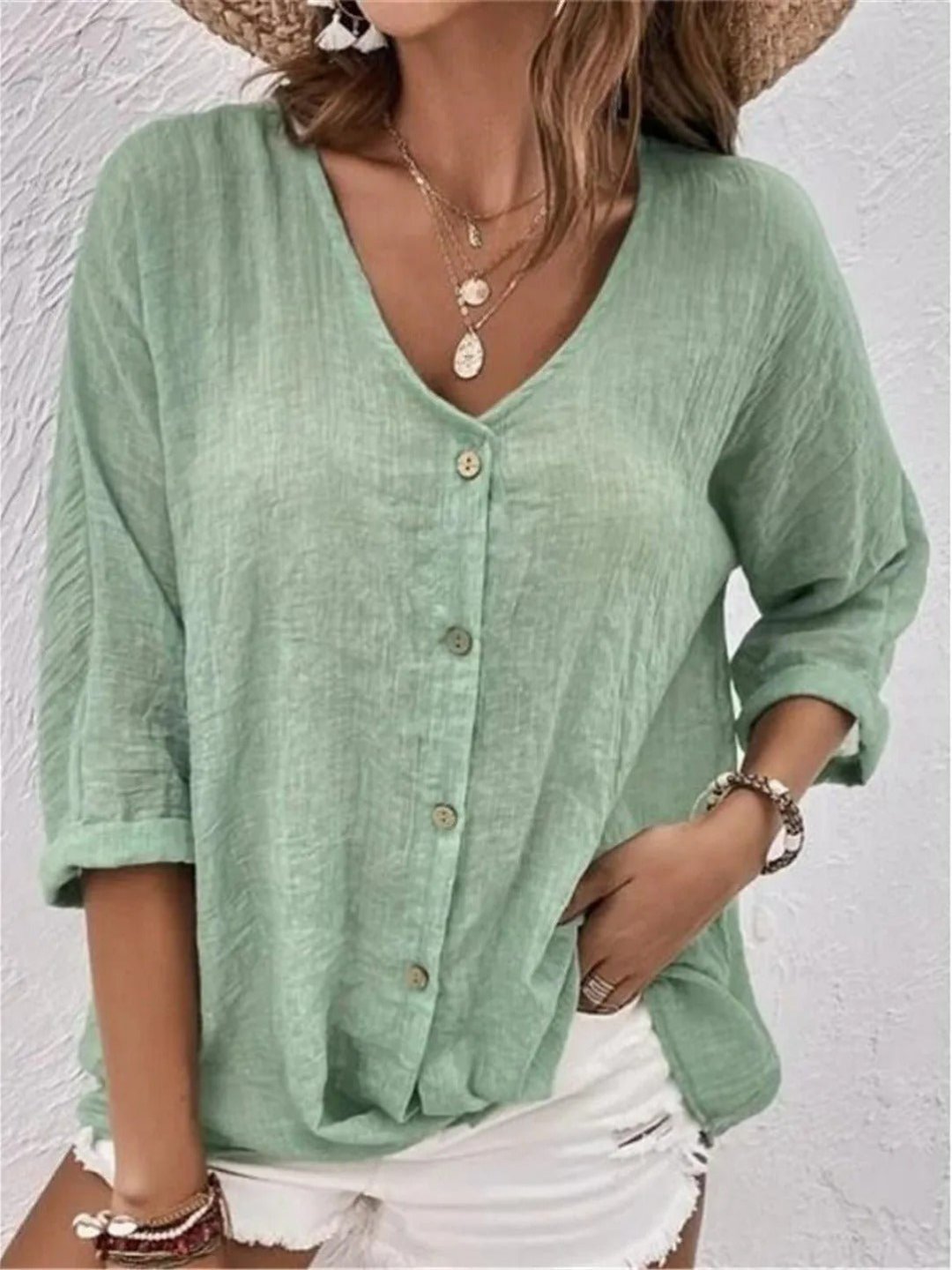Rosie | Women's Cotton V-Neck Button-Front Top Three-Quarter Sleeve