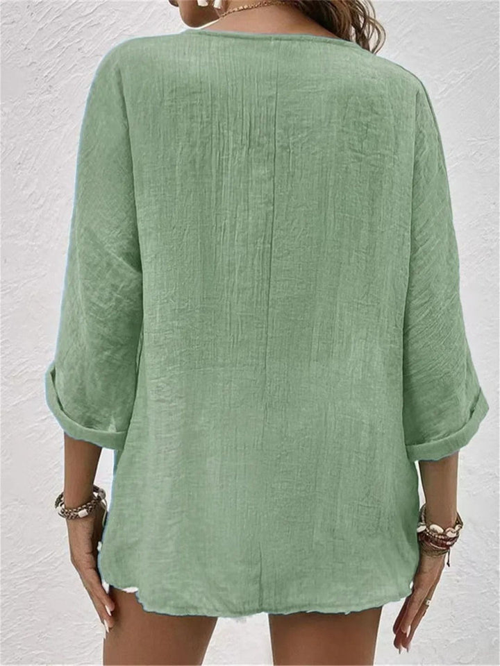 Rosie | Women's Cotton V-Neck Button-Front Top Three-Quarter Sleeve