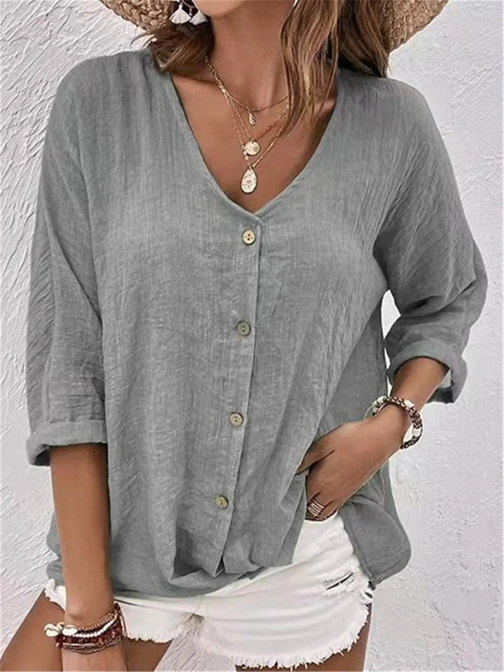 Rosie | Women's Cotton V-Neck Button-Front Top Three-Quarter Sleeve