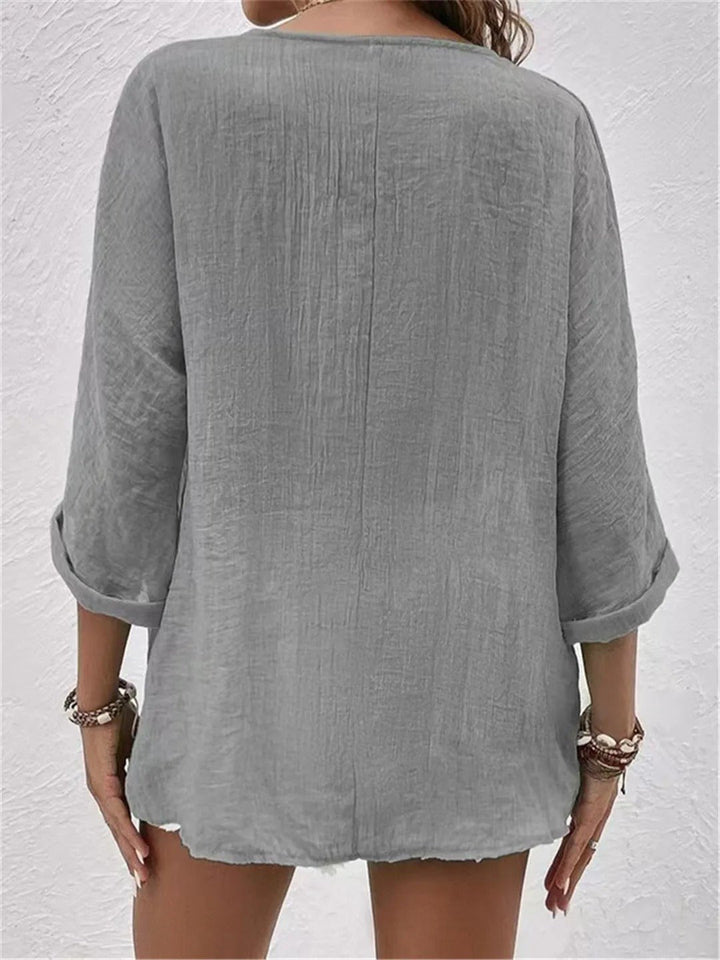 Rosie | Women's Cotton V-Neck Button-Front Top Three-Quarter Sleeve