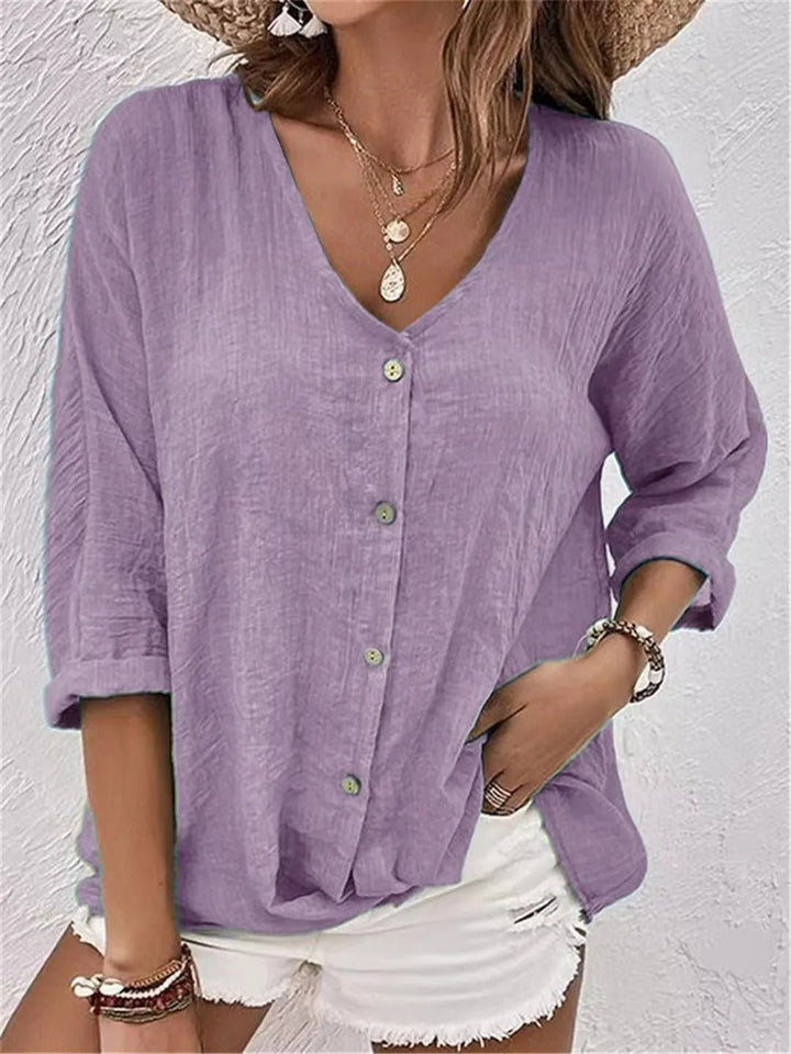 Rosie | Women's Cotton V-Neck Button-Front Top Three-Quarter Sleeve