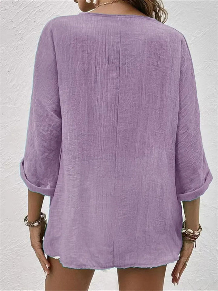 Rosie | Women's Cotton V-Neck Button-Front Top Three-Quarter Sleeve