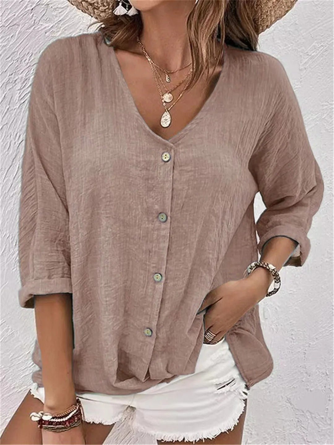 Rosie | Women's Cotton V-Neck Button-Front Top Three-Quarter Sleeve