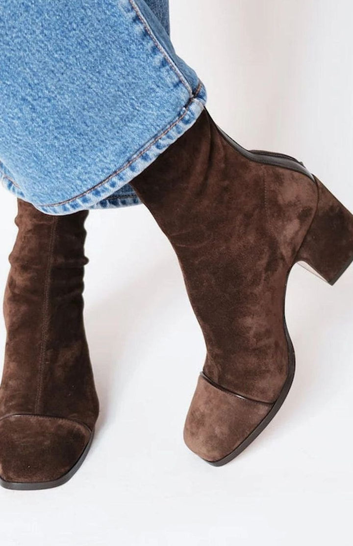 Women's Suede Boots with Block Heel and Square Toe