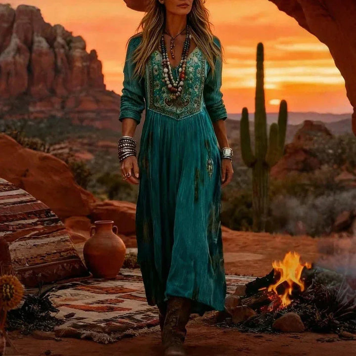 Women's Embroidered Boho Maxi Dress with V-Neck Long Sleeves