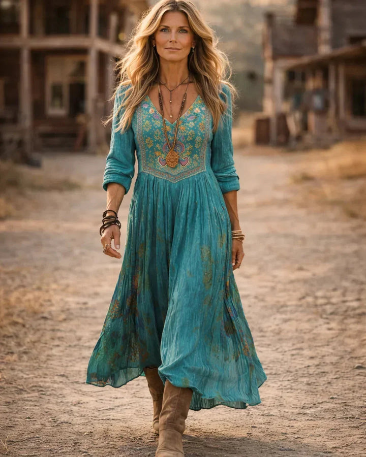 Women's Embroidered Boho Maxi Dress with V-Neck Long Sleeves