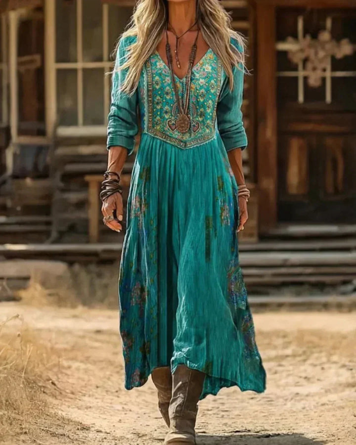 Women's Embroidered Boho Maxi Dress with V-Neck Long Sleeves