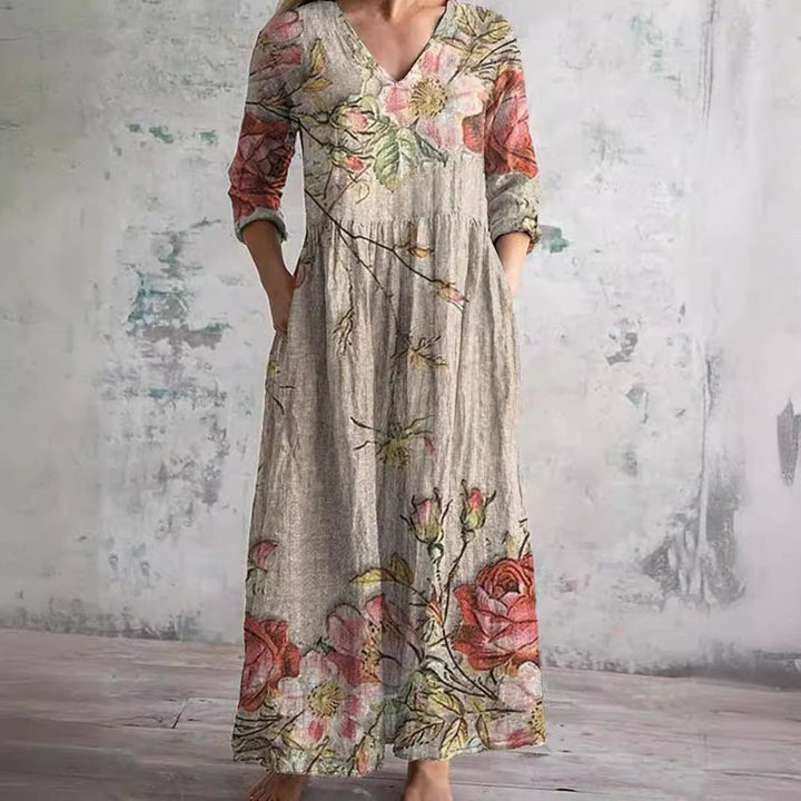 Sophie | Women's Floral V-Neck Three-Quarter Sleeve Maxi Dress