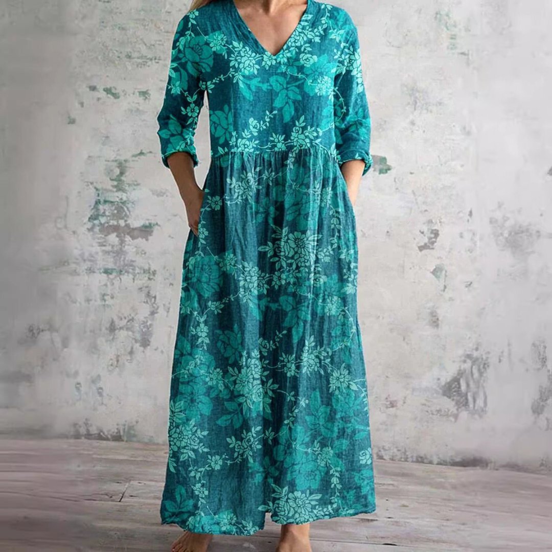 Sophie | Women's Floral V-Neck Three-Quarter Sleeve Maxi Dress