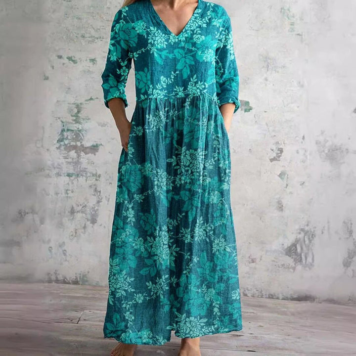 Sophie | Women's Floral V-Neck Three-Quarter Sleeve Maxi Dress