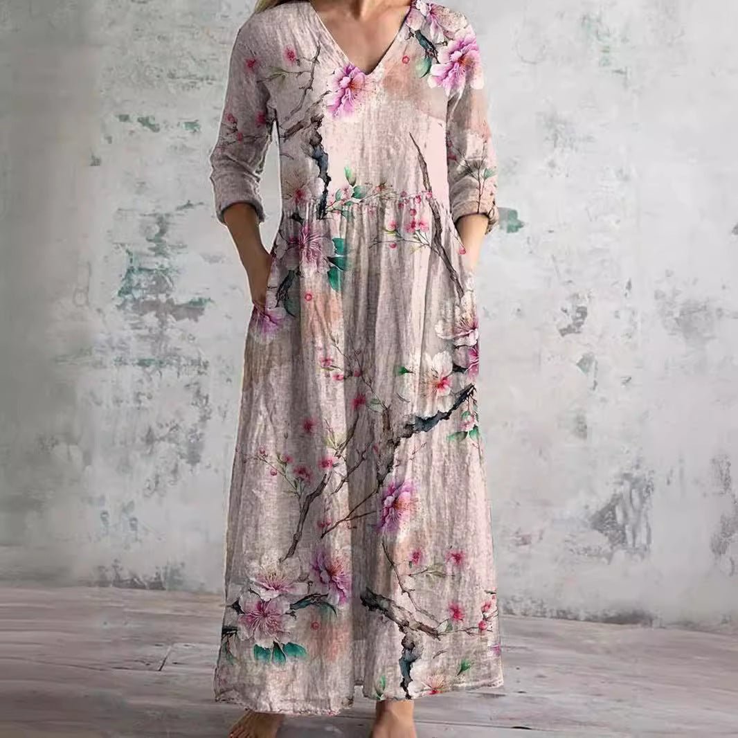 Sophie | Women's Floral V-Neck Three-Quarter Sleeve Maxi Dress