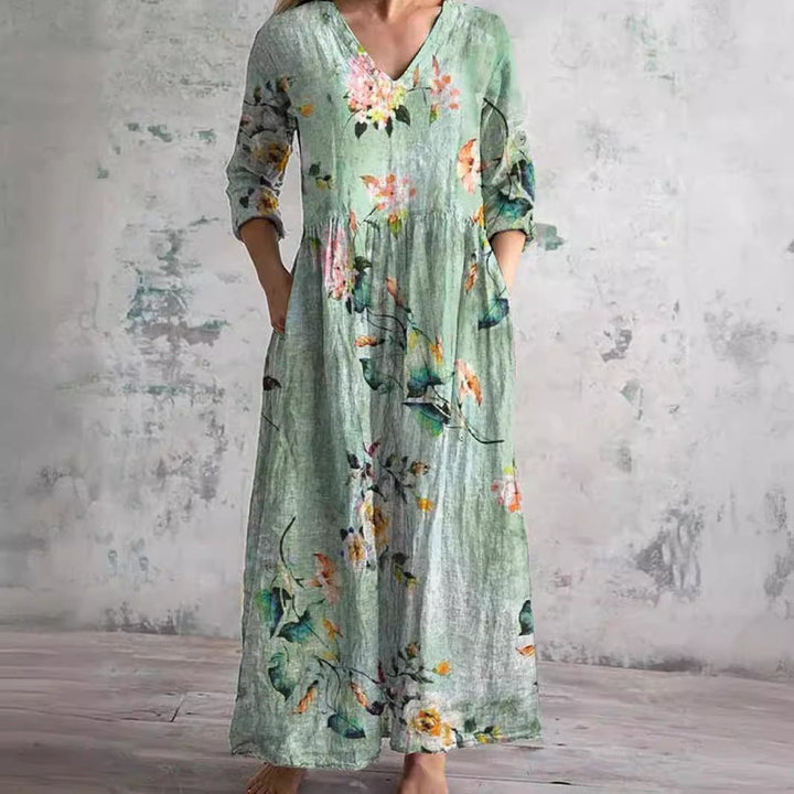 Sophie | Women's Floral V-Neck Three-Quarter Sleeve Maxi Dress