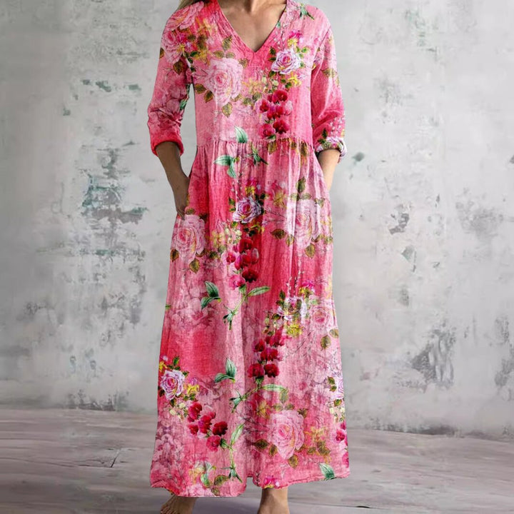 Sophie | Women's Floral V-Neck Three-Quarter Sleeve Maxi Dress