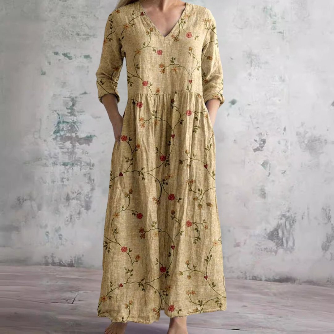 Sophie | Women's Floral V-Neck Three-Quarter Sleeve Maxi Dress