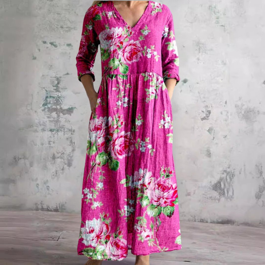 Sophie | Women's Floral V-Neck Three-Quarter Sleeve Maxi Dress