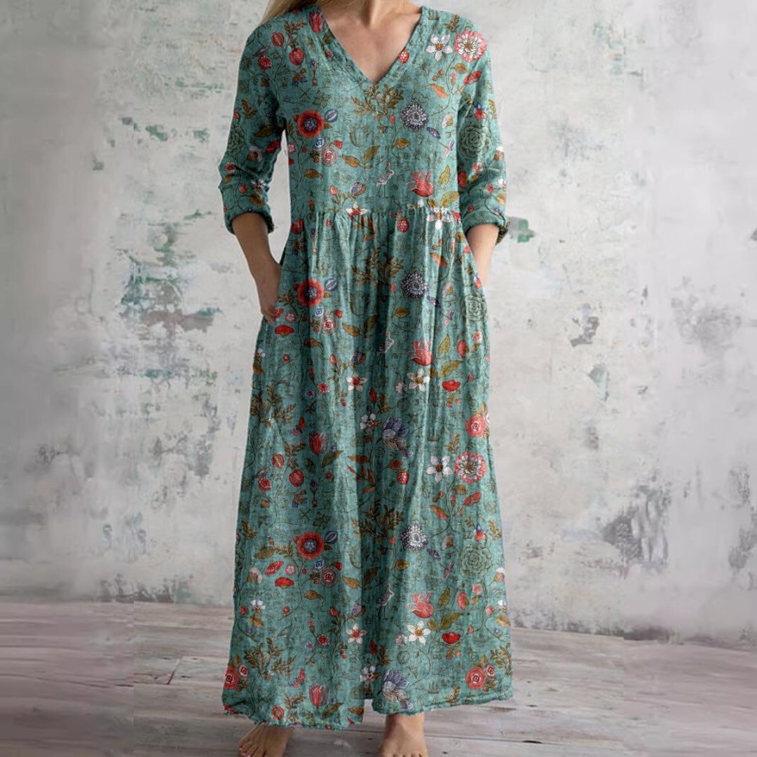 Sophie | Women's Floral V-Neck Three-Quarter Sleeve Maxi Dress