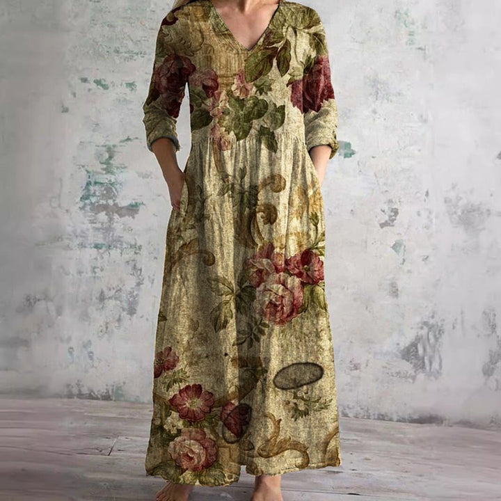 Sophie | Women's Floral V-Neck Three-Quarter Sleeve Maxi Dress