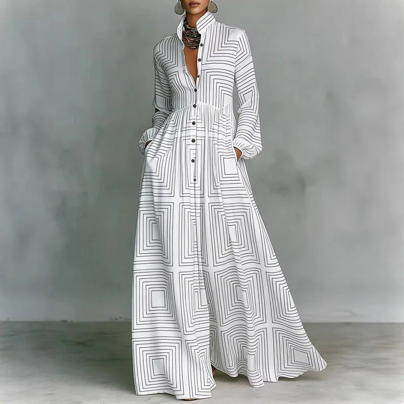 Freya | Women's Geometric Print High-Waist Button-Front Maxi Dress