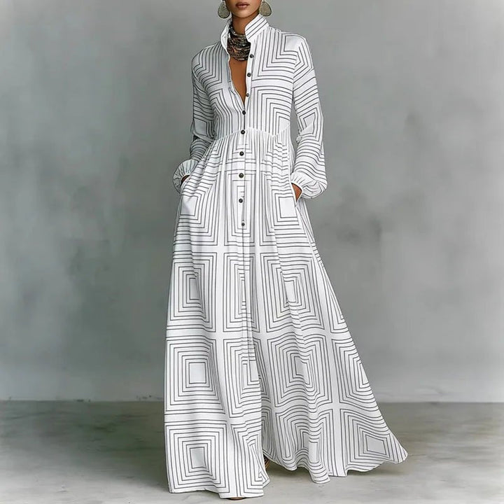 Freya | Women's Geometric Print High-Waist Button-Front Maxi Dress