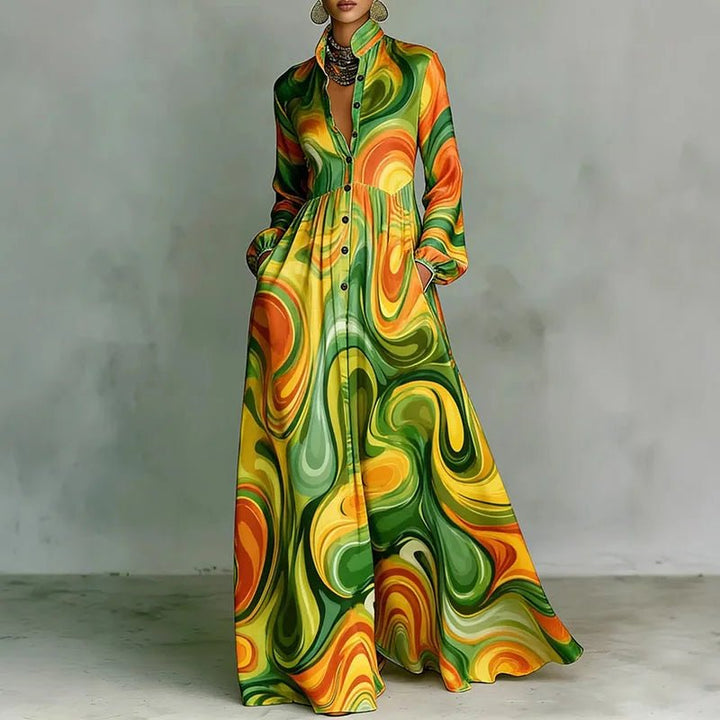 Freya | Women's Geometric Print High-Waist Button-Front Maxi Dress