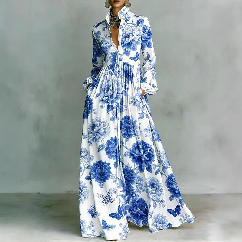 Freya | Women's Geometric Print High-Waist Button-Front Maxi Dress