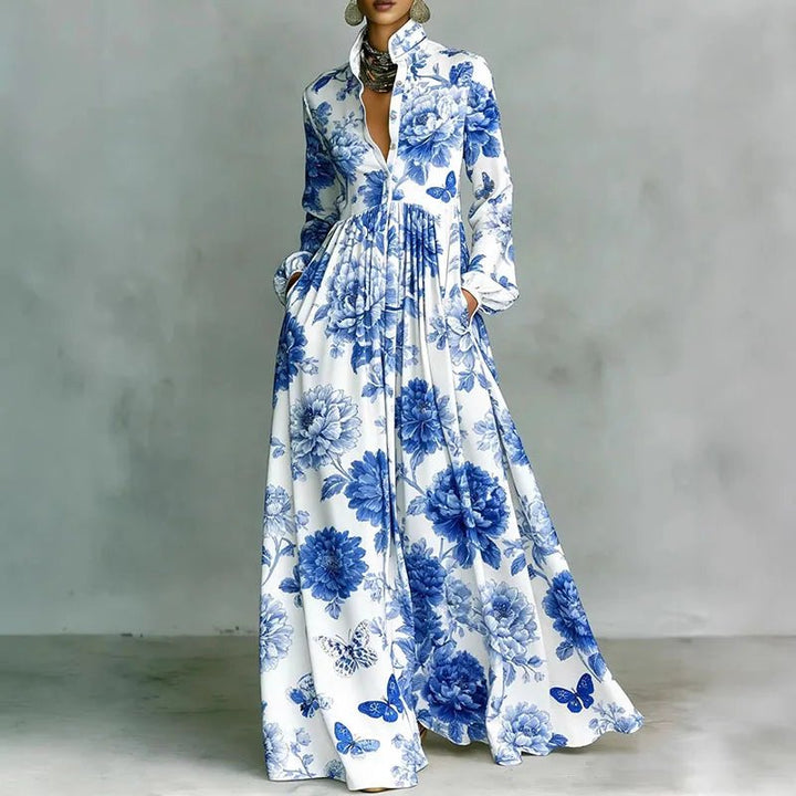 Freya | Women's Geometric Print High-Waist Button-Front Maxi Dress