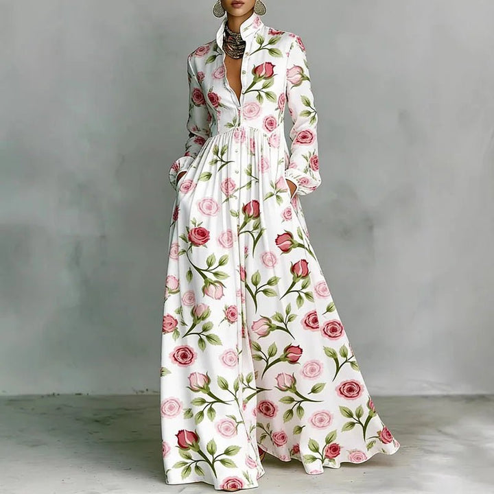 Freya | Women's Geometric Print High-Waist Button-Front Maxi Dress