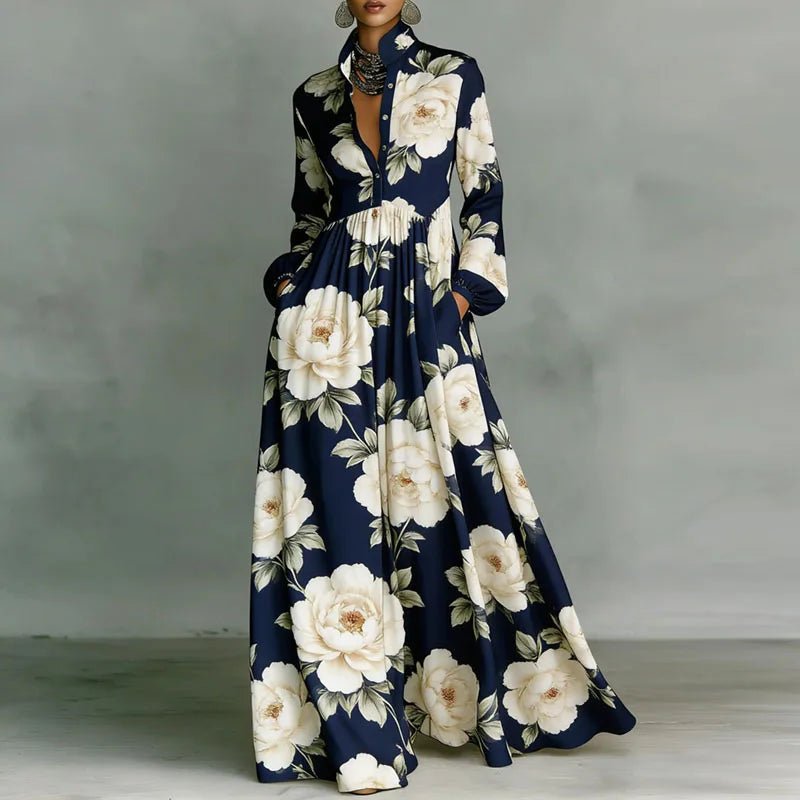 Freya | Women's Geometric Print High-Waist Button-Front Maxi Dress