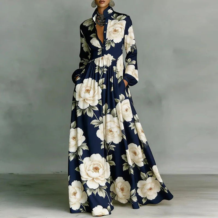 Freya | Women's Geometric Print High-Waist Button-Front Maxi Dress