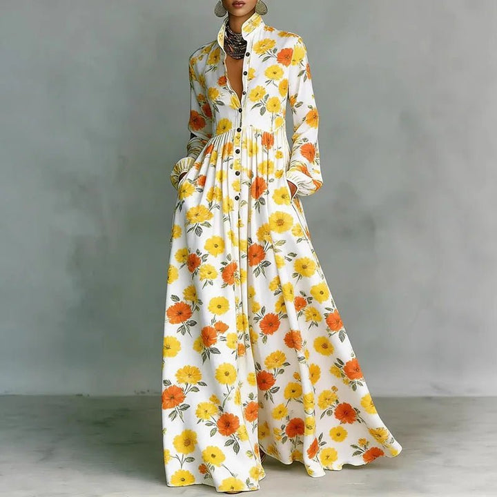 Freya | Women's Geometric Print High-Waist Button-Front Maxi Dress