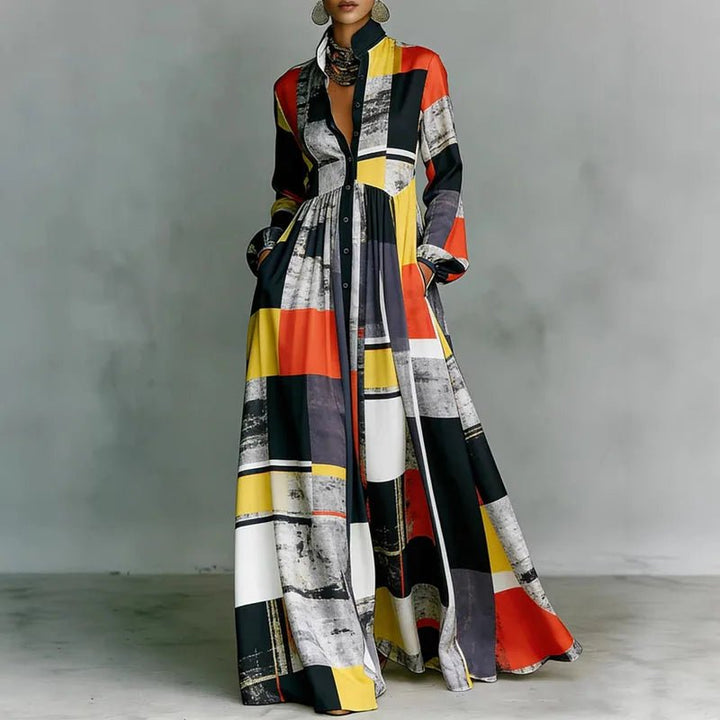Freya | Women's Geometric Print High-Waist Button-Front Maxi Dress